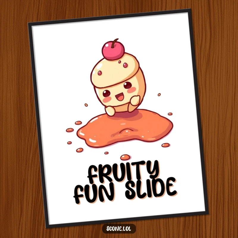 Funny digital art print of a scone character dramatically sliding across a jam puddle, instant action-packed decor.