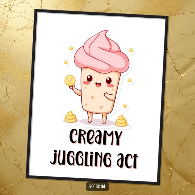 Funny digital art print of a scone character juggling cream, ready to be printed and displayed for instant humorous decor.