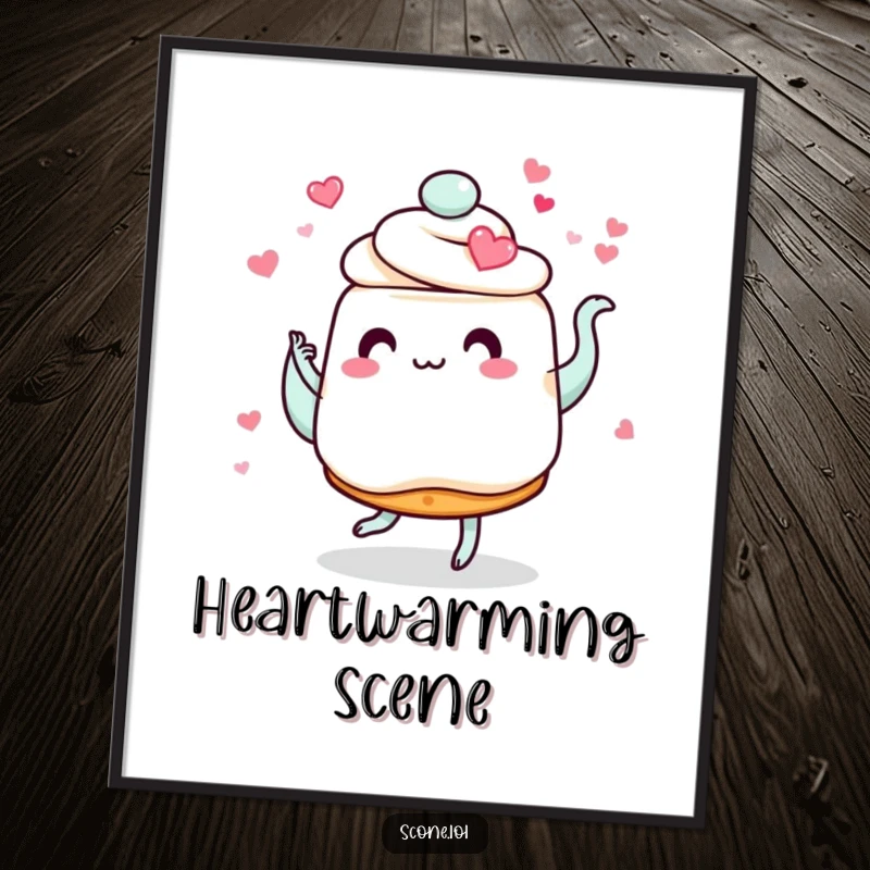 Funny scone digital art, showing a scone with heart eyes dancing with a swirling teapot, perfect for romantic and humorous online display.