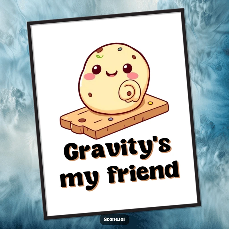 Funny digital art print of a scone rolling down a pastry board, perfect for humorous and whimsical wall decor.