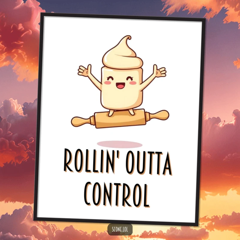 Funny digital art print of a scone character comically balancing on a rolling pin, arms flailing, ready for instant display.