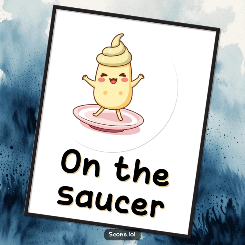 Funny scone character doing a silly jig on a saucer, available as a high-quality digital art print.