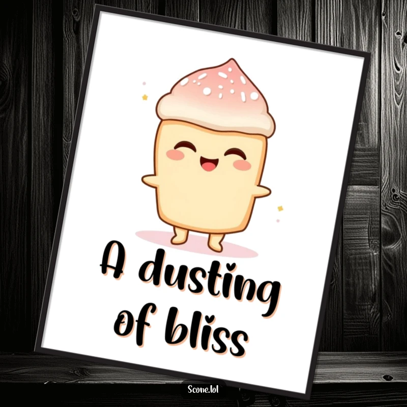 Funny Scone Sugar Rush Digital Art Print: A high-resolution image of a scone character beaming with delight, covered in flying powdered sugar.