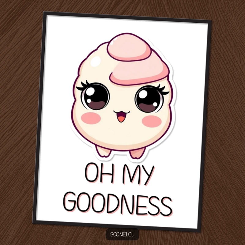 Funny digital art print of a scone character with wide, circular eyes in a state of comical surprise, instant wall decor.