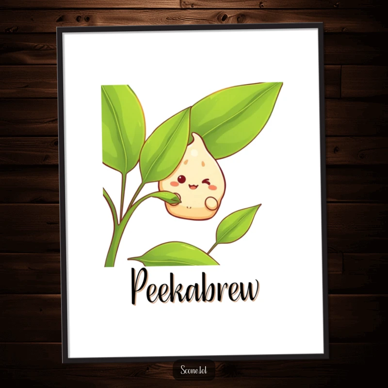 Funny Digital Art Print: A scone character with a grin peeks from behind a large tea leaf, a whimsical and humorous piece.