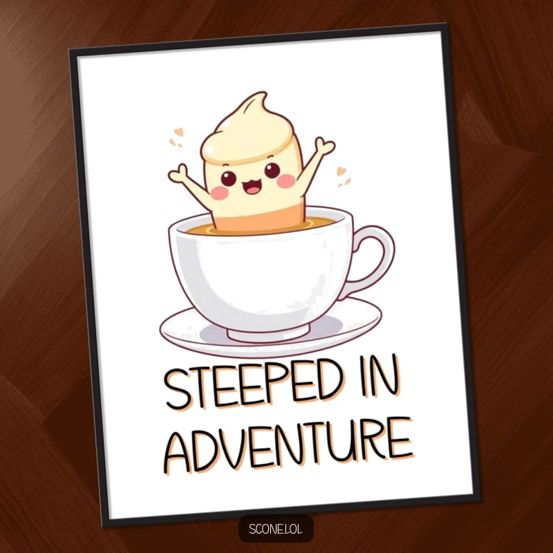 Funny scone character leaping into a steaming cup of tea, as a downloadable digital art print.