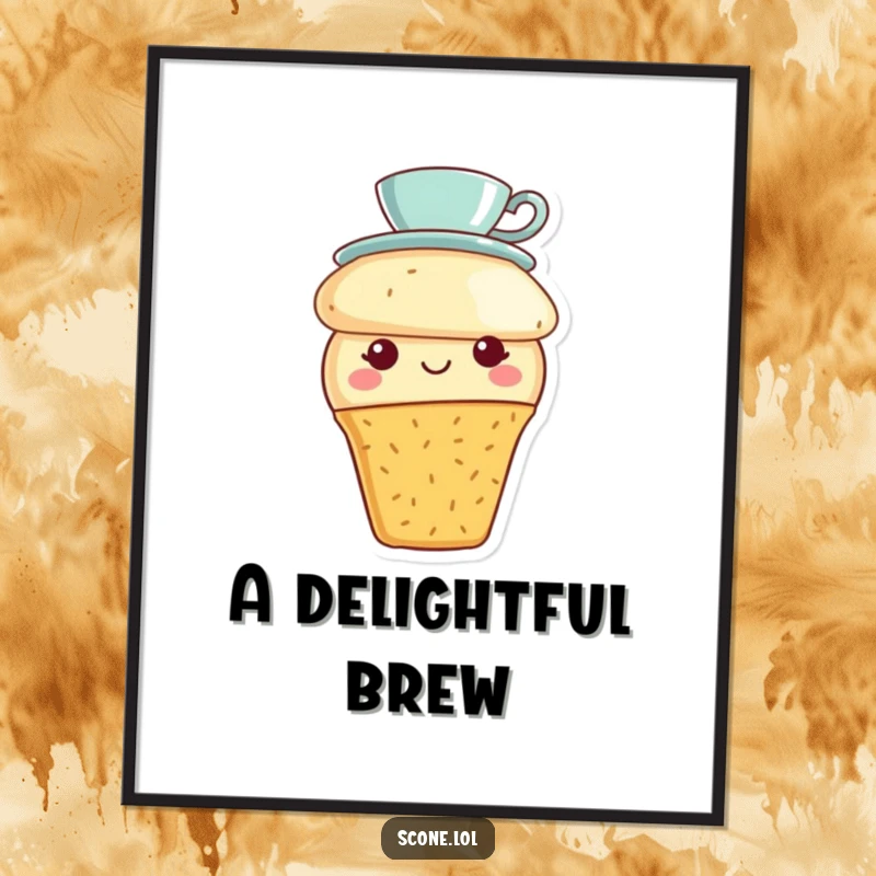 Funny scone character wearing a tiny teacup hat and smiling, available as a high-resolution digital art print for instant charming display.