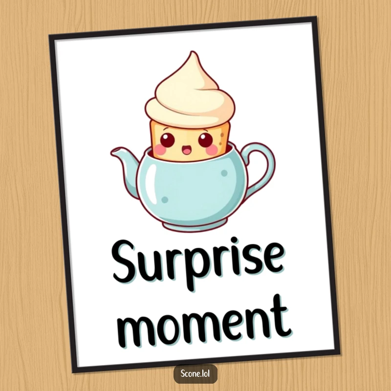 Funny scone teapot surprise digital art print, a scone popping out of a teapot with a shocked face, a humorous and charming wall decor.
