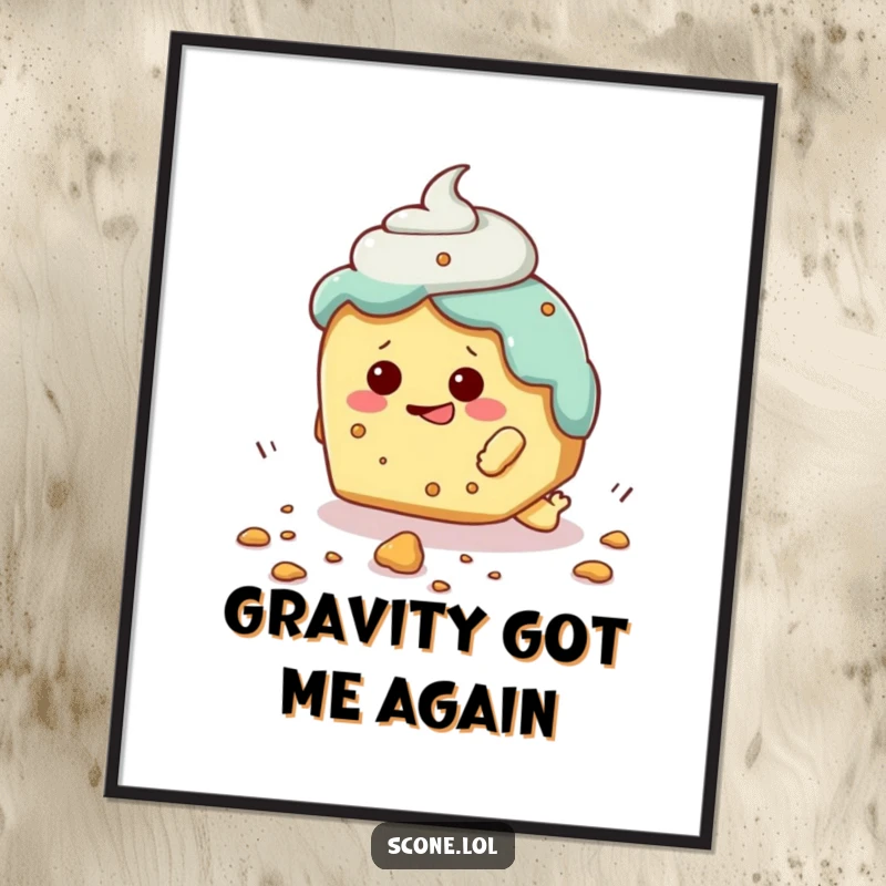 Funny digital art print of a scone character hilariously tripping over a crumb, perfect for adding comical charm.