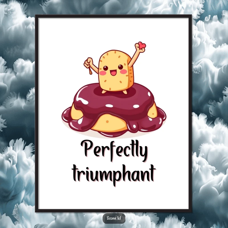Funny Scone Digital Art: Humorous printable showing a triumphant scone character standing proudly on a dollop of jam.
