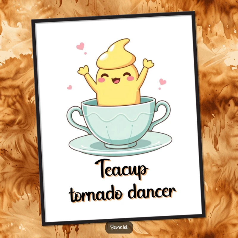 Funny Teacup Dance Scone Digital Art Print: A high-resolution image of a scone character doing a clumsy, fun dance inside a teacup.