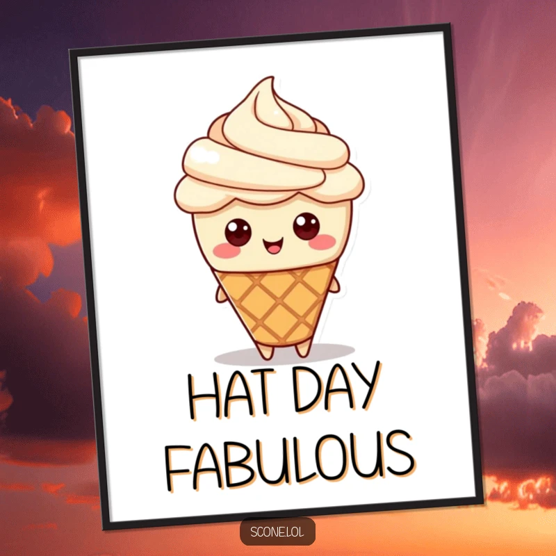 Funny digital art print of a scone character wearing a cream hat, offering instant, charming pastry art for any space.