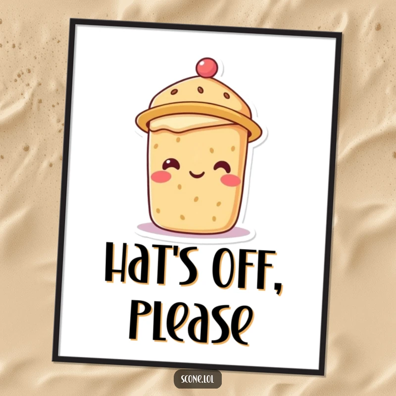 Smiling scone character wearing a miniature tea hat, available as a high-quality digital art print.