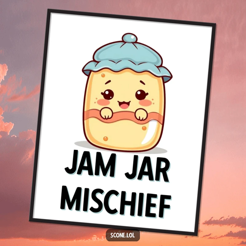 Funny scone character peeking from a jam jar, making a funny face, as a downloadable digital art print.