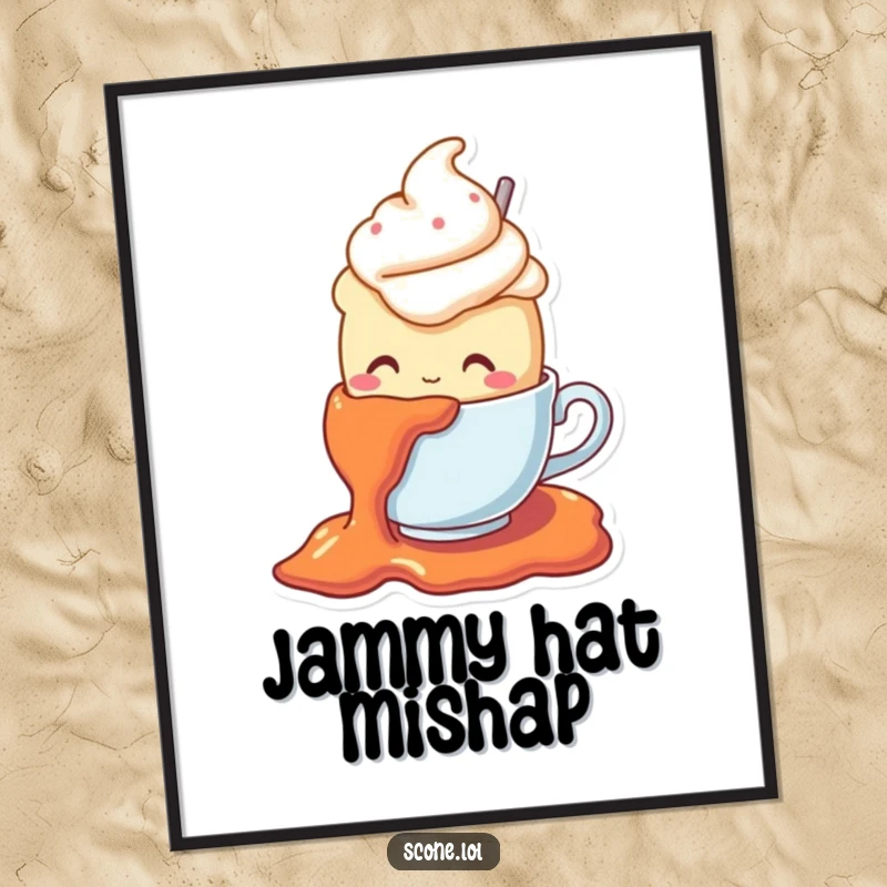 Funny digital art print of a scone character in a teacup hat slipping on jam, ready for immediate download and display.
