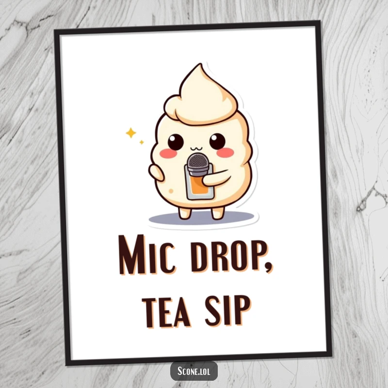 Funny digital art print of a scone character holding a teabag microphone, ready to perform with rockstar energy.
