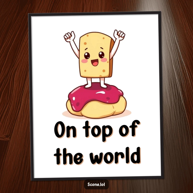 Funny Digital Art Print: A scone character poses triumphantly on a dollop of jam, a humorous and celebratory piece.