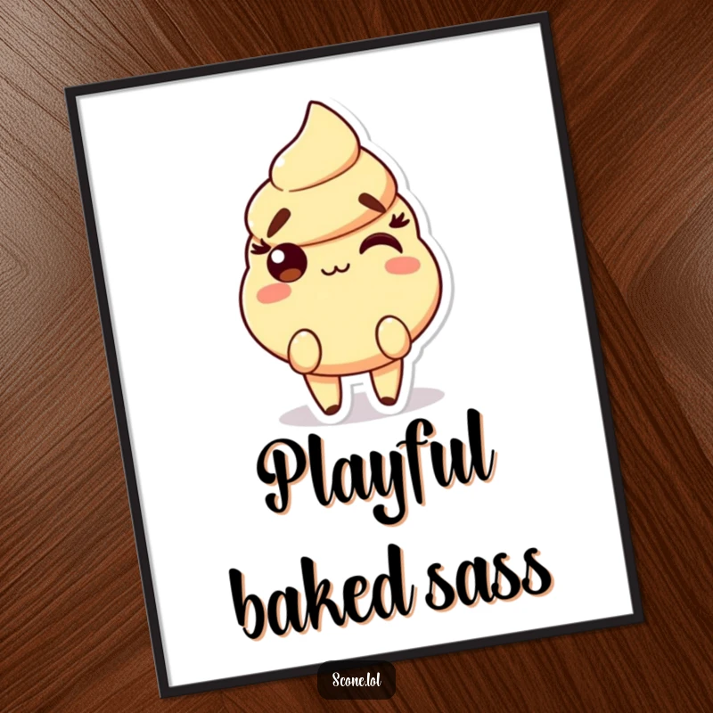 Funny Scone Digital Art Print featuring a character with raised eyebrows and a playful smirk, perfect for cheeky decor.