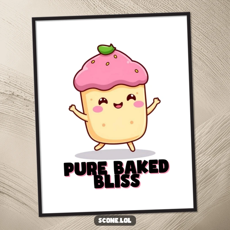 Funny digital art print of a smiling scone character doing a happy little bounce, radiating baked good happiness.