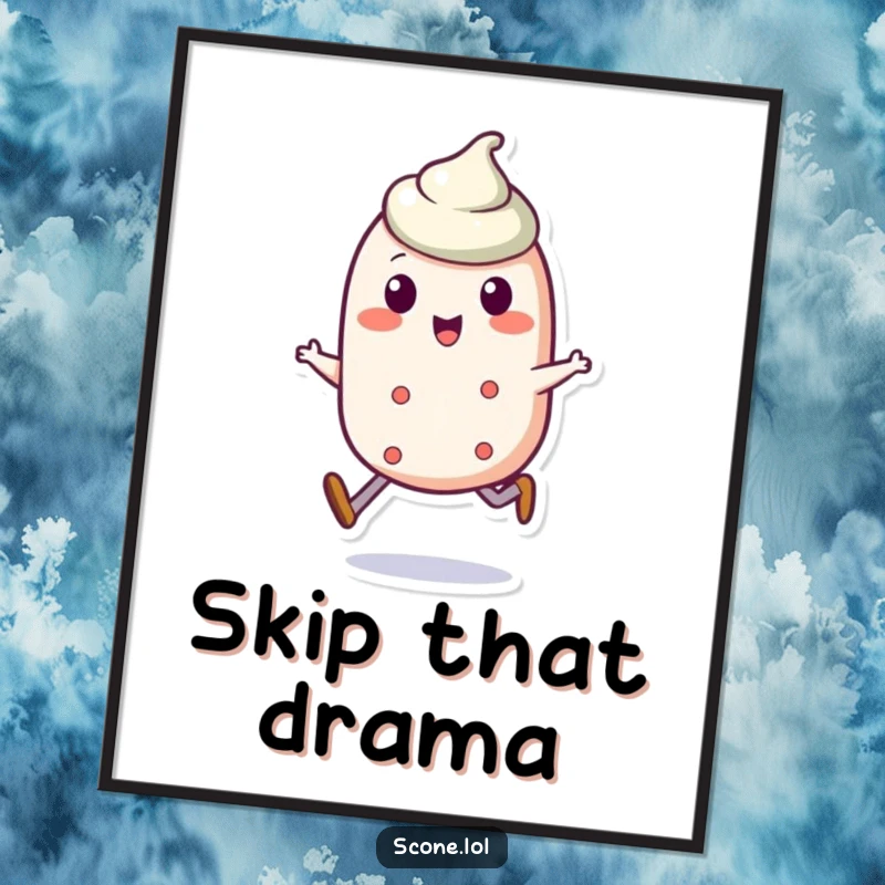 Funny scone character digital art print of a scone doing a jaunty skip, radiating happiness and playful energy.