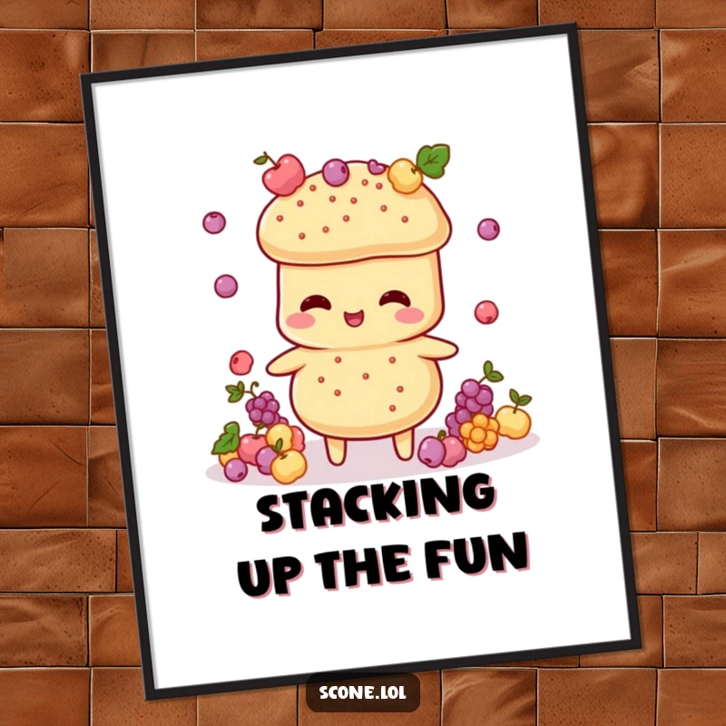 Funny Scone Juggler Digital Art Print: A high-resolution image of a scone character juggling tiny currant decorations with a hilarious pose.