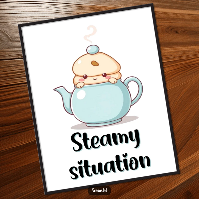 Funny Digital Art Print of a scone character peeking from behind a steaming teapot, perfect for adding a cozy and playful touch to decor.