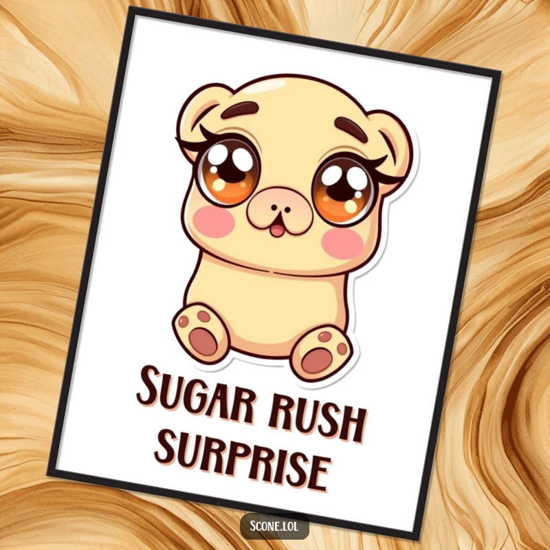 Funny Digital Art Print of a scone character with wide, sugary eyes showing surprise, perfect for adding humorous decor.