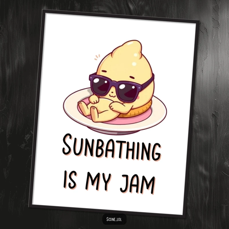 Funny scone character with tiny sunglasses relaxing on a plate, a digital art print capturing baked good humor and ultimate chill for home decor.