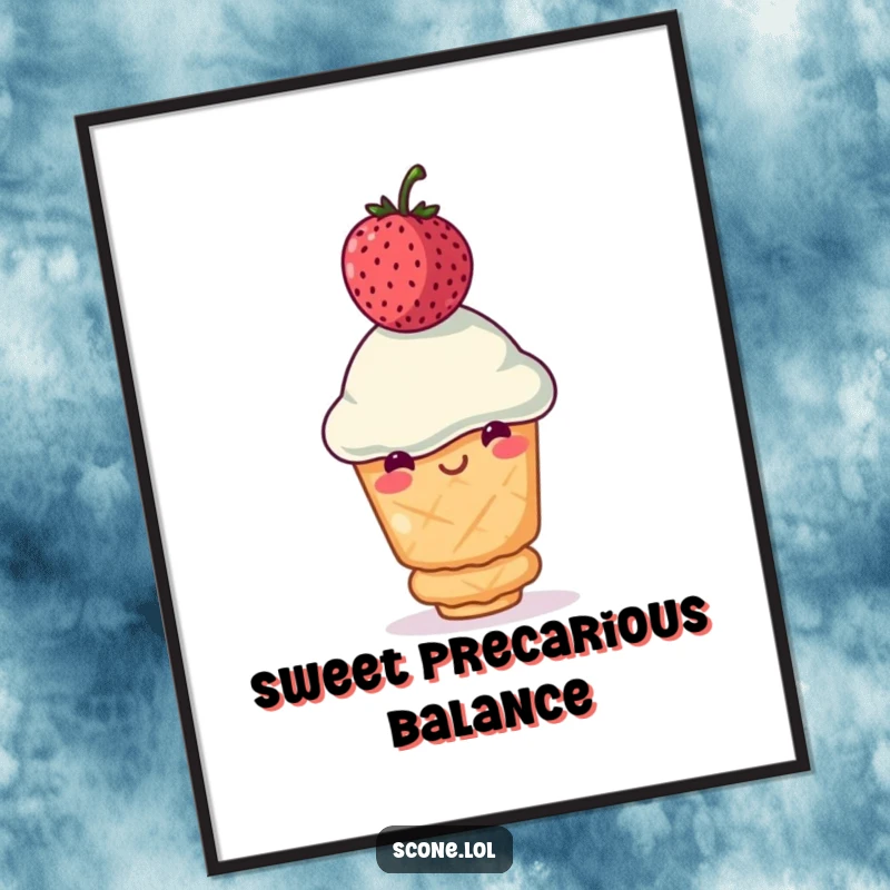 Funny scone digital art print of a smiling scone balancing a wobbly berry on its head, perfect for quirky decor and as a funny gift.