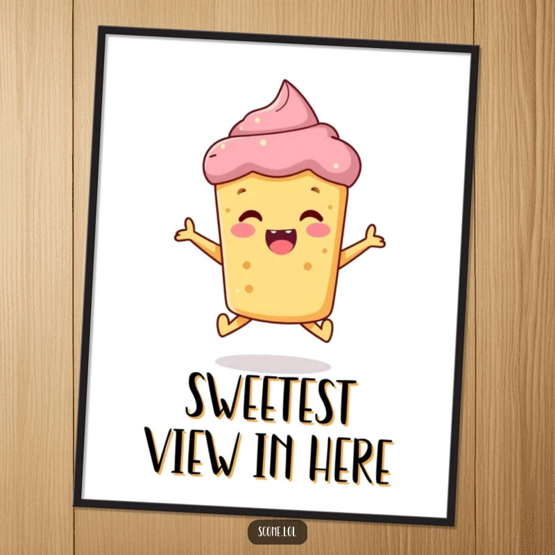 Funny scone digital art print, a cheerful baked good jumping with ecstatic joy, perfect for instant humorous home decor.