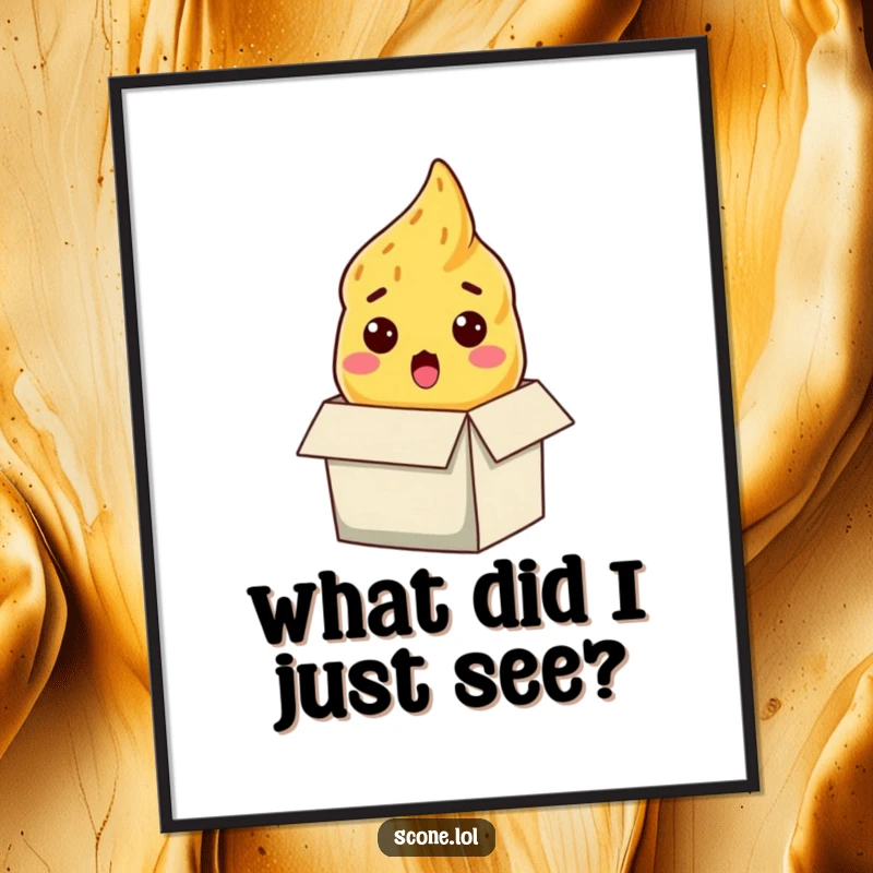 Funny scone digital art print, a baked good with a surprised expression peeking from a box, for humorous decor.