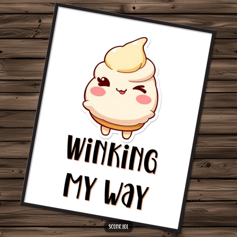 Funny digital art print of a scone character giving a friendly, mischievous wink, perfect for adding playful personality.