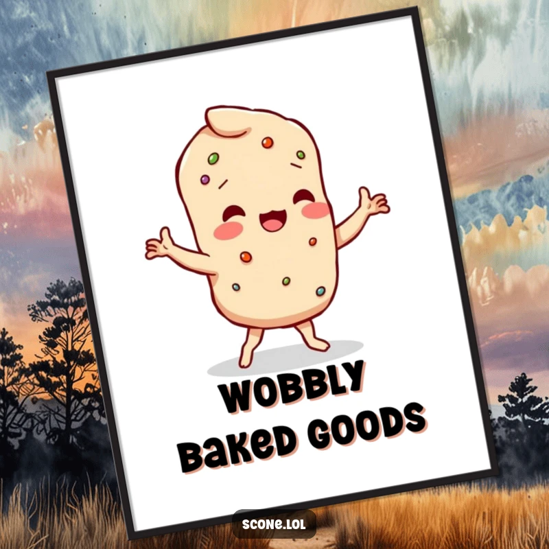Funny scone character doing a humorous wobbly dance with crumbly limbs, as a digital art print.