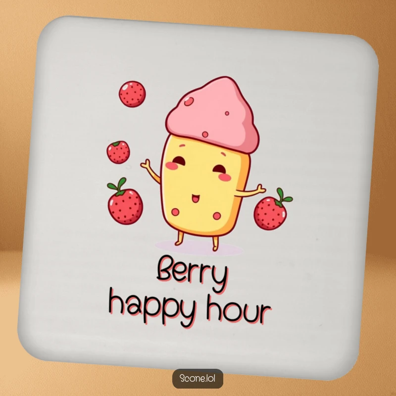 Funny Scone Character Drink Coaster, playfully juggling three small berries, a fun and practical accessory.