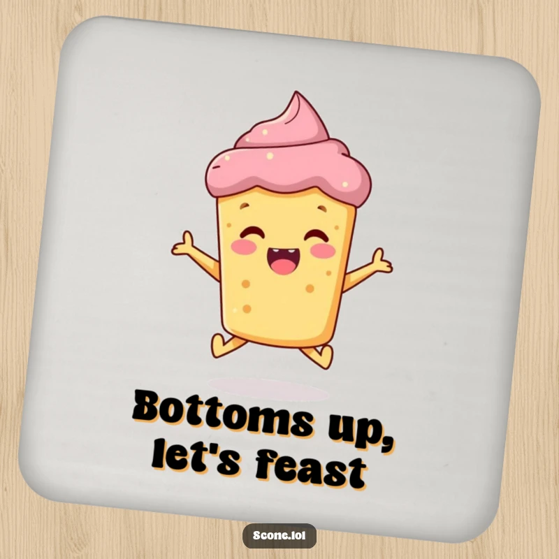 Funny scone coaster, a happy baked good jumping with excitement, protecting surfaces with a humorous touch.