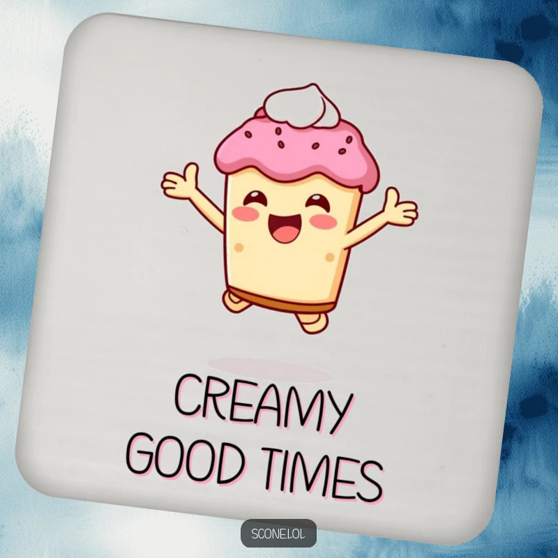 Happy scone character jumping, holding cream, featured on a protective and humorous drink coaster.