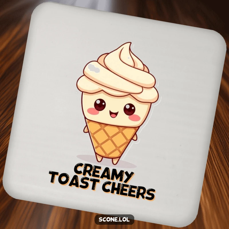 Funny drink coaster featuring a scone character wearing a cream hat, adding a touch of pastry elegance to any table.