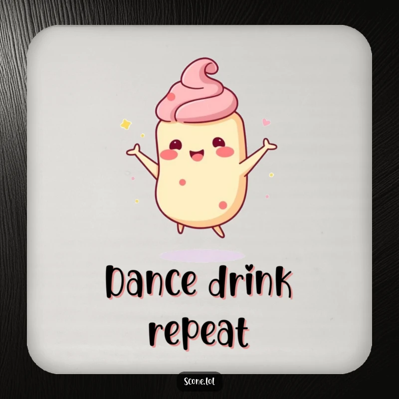 Funny scone character drink coaster with a scone doing a wobbly, happy dance, adding humor to beverage service.