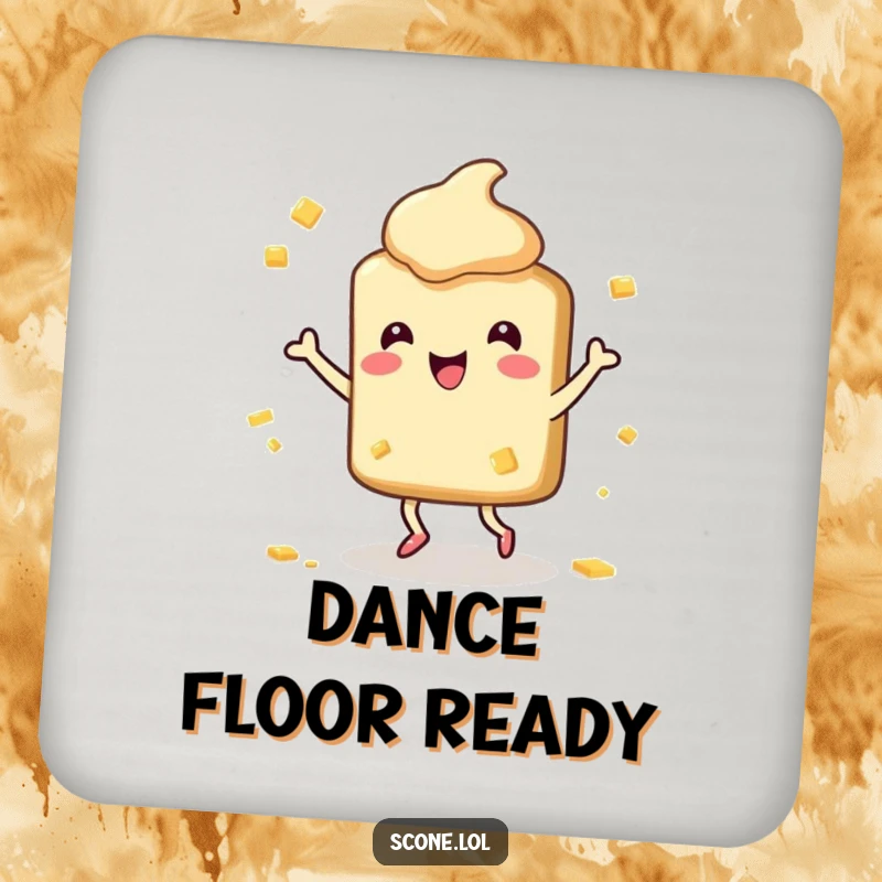 Funny Scone Coasters: Humorous coasters featuring a happy scone character dancing with butter splatters, protecting surfaces with style.