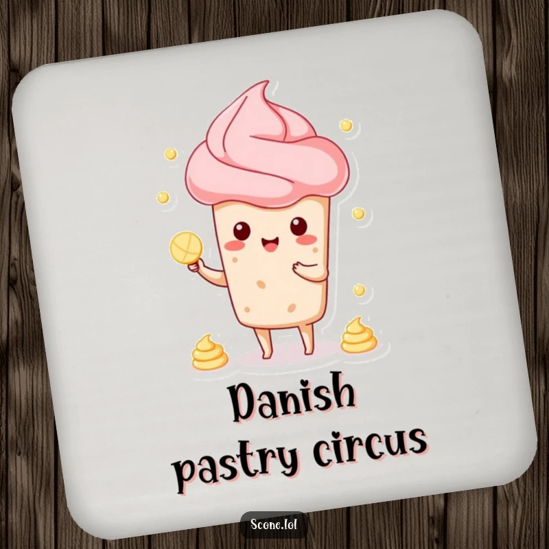 Funny drink coaster featuring a scone character juggling cream dollops, protecting furniture with a touch of edible art.