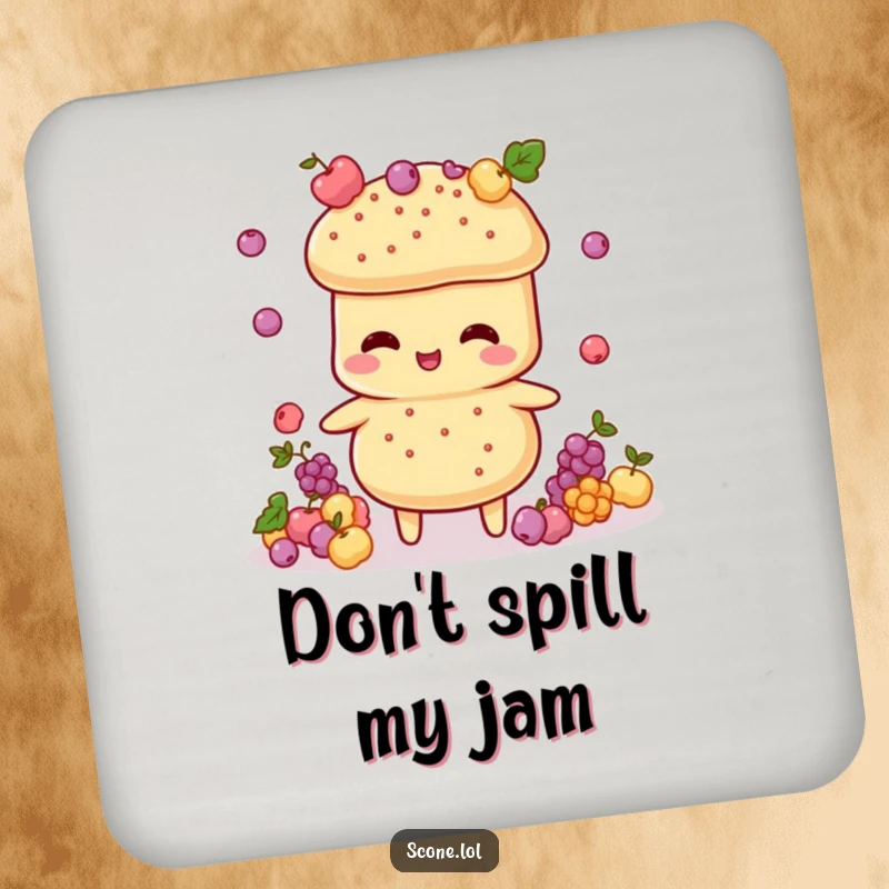 Funny Scone Juggler Drink Coaster: A small coaster showcasing a scone character artfully juggling tiny currant decorations.