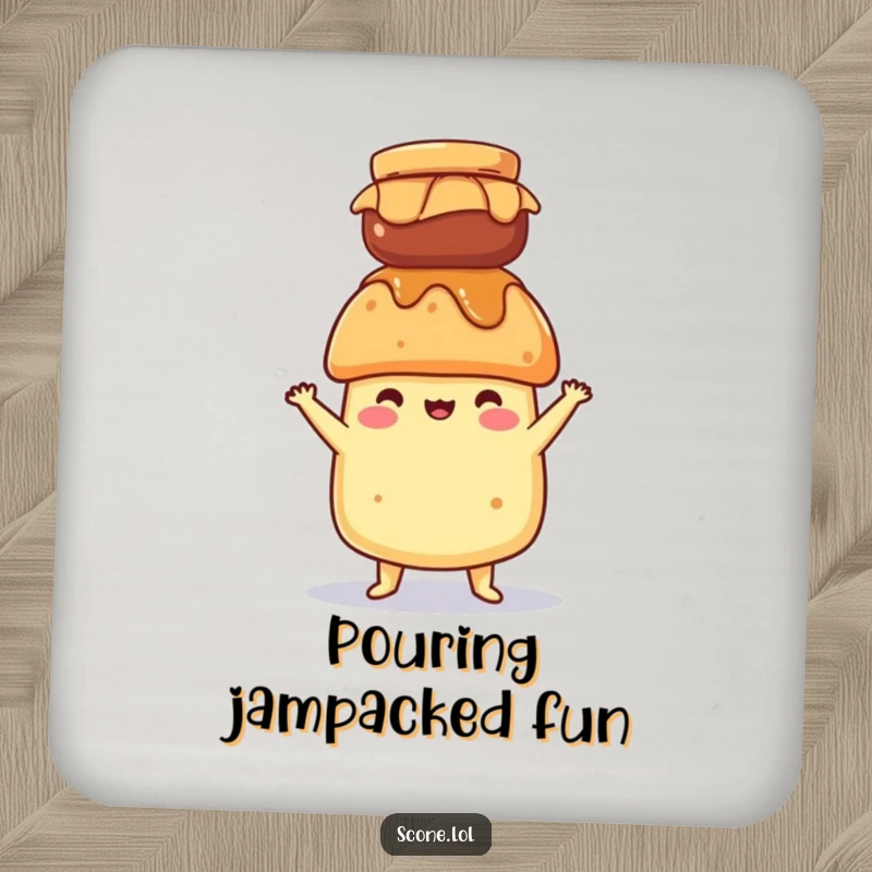 Funny drink coaster featuring a scone character balancing a jam jar on its head, adding humorous protection to surfaces.