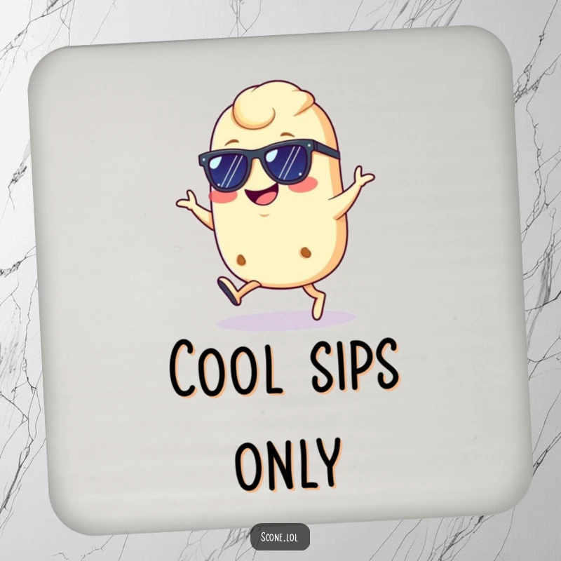 Funny cool scone coaster, depicting a scone with sunglasses doing a confident hop with a grin, perfect for protecting surfaces coolly.