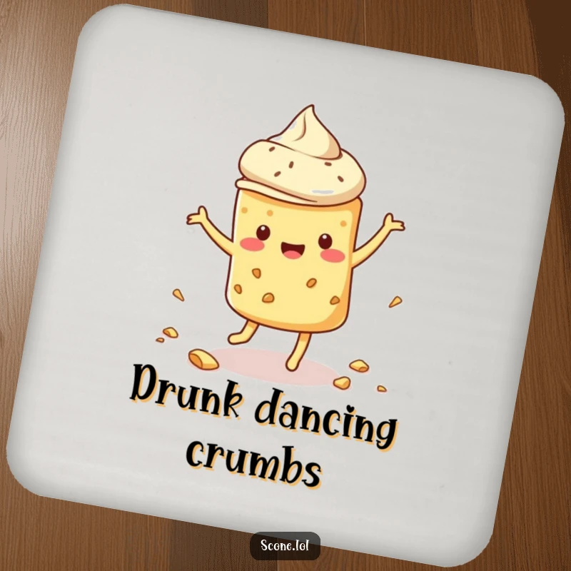 Funny scone coaster depicting a scone in a silly dance, surrounded by crumbs, offering protection with a humorous twist.