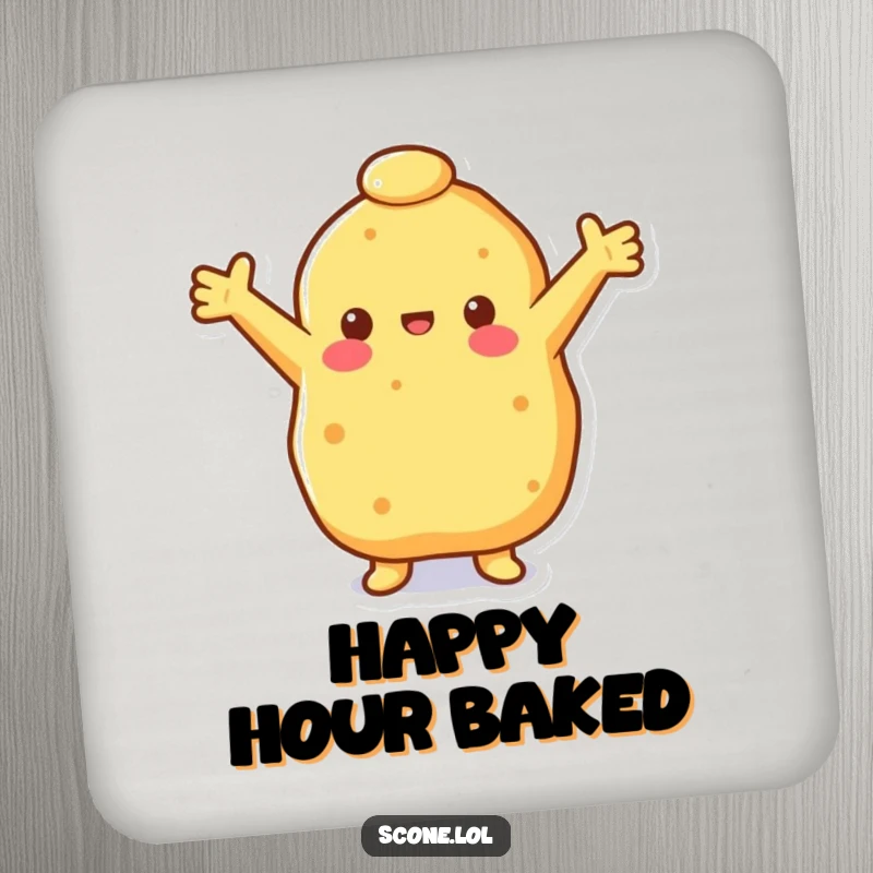 Funny happy scone coaster with a scone reaching out with open arms, protecting surfaces with a joyful pastry design.