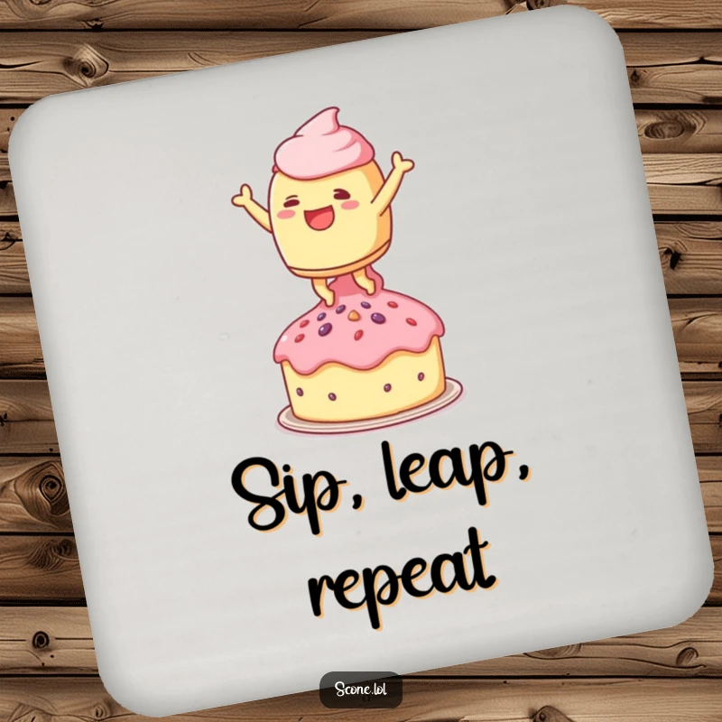 Funny drink coasters featuring a scone character leaping joyfully onto a doll-sized teacake, adding sweet, joyful humor.
