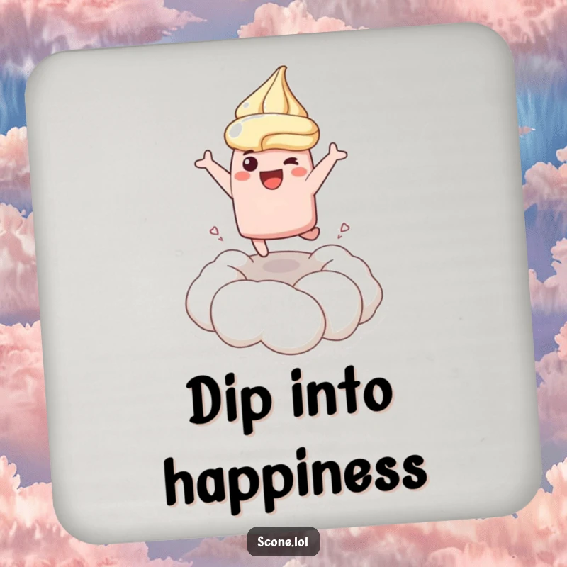 Funny drink coaster featuring a scone character joyfully leaping into cream, adding a touch of playful protection.