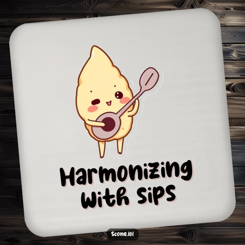 Funny drink coaster featuring a scone character playing a tiny spoon like a musical instrument, adding musical flair.