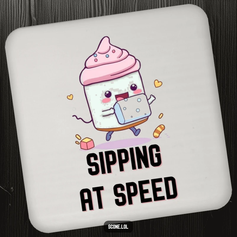 Funny drink coaster featuring a scone character playfully racing a sugar cube, adding humorous protection to surfaces.
