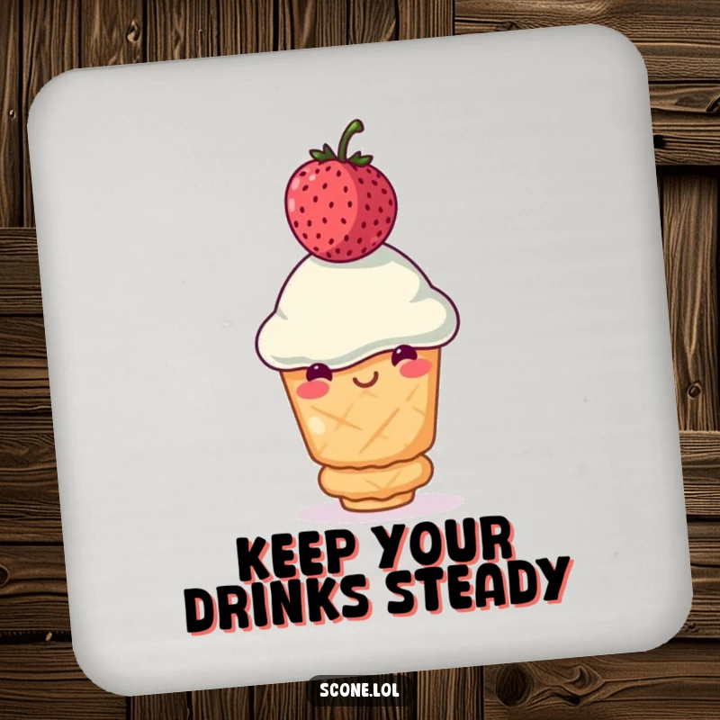 Funny scone drink coaster with a smiling scone balancing a wobbly berry on its head, adding charm and humor as a funny gift.